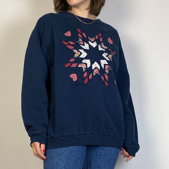Vintage 1980s Navy Blue COTTAGE CORE Quilted STAR Sweateshirt! Large, Quilt - Picture 4 of 8